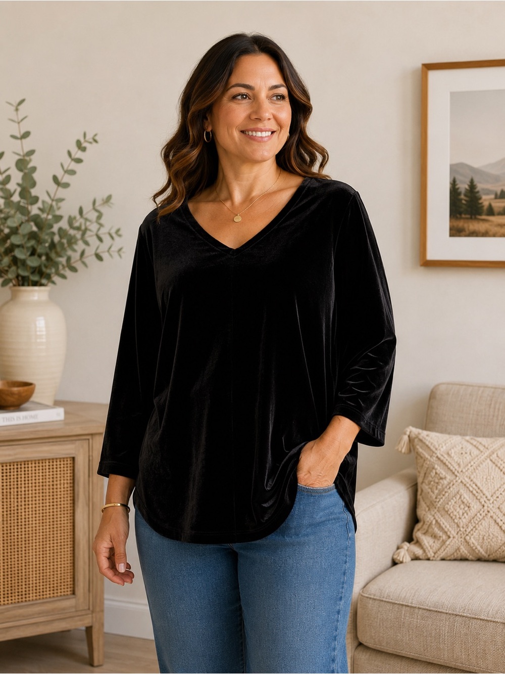 Chico’s Travelers Black Velvet V-Neck Tunic Top Size 2 Large XL Classic Holiday